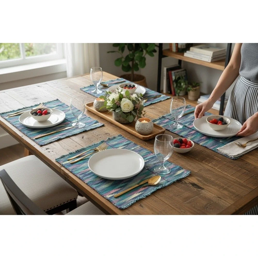Park B Smith Mandalay Blue Ikat Hand Woven Cotton Fringed‎ Placemats Set of 6